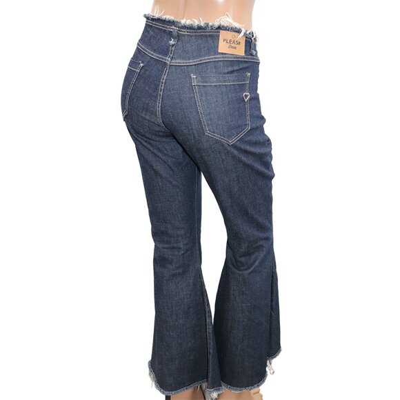 Stylish Italian Please Dark Wash Denim Jeans Flare Raw Hem L - Picture 6 of 6